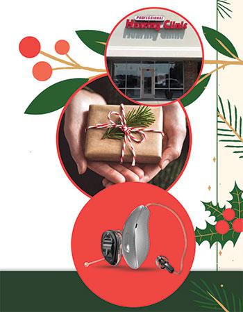 Gift of hearing graphic with store front and hearing aids